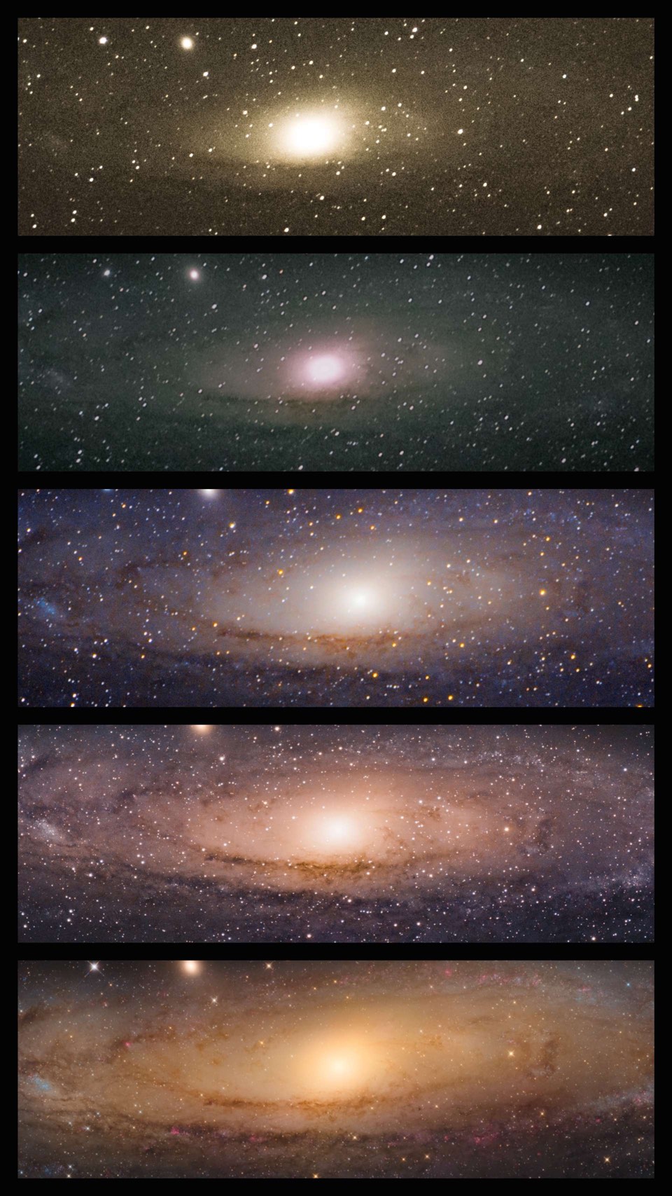 Andromedagalaxen M 31, fotograferad av Sophie Paulin. 2x utan guidning med 200 mm teleobjektiv, 1x med fotomontering och 200 mm teleobjektiv med telekonverter, 1x med fotomontering och 600 mm teleobjektiv, 1x med 8-tum f/4,5 Newton-teleskop.