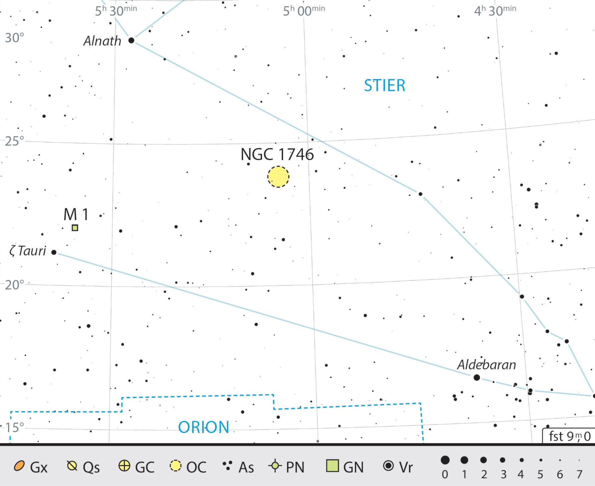 Sökkarta över Messier 1 i stjärnbilden Oxen. J. Scholten
