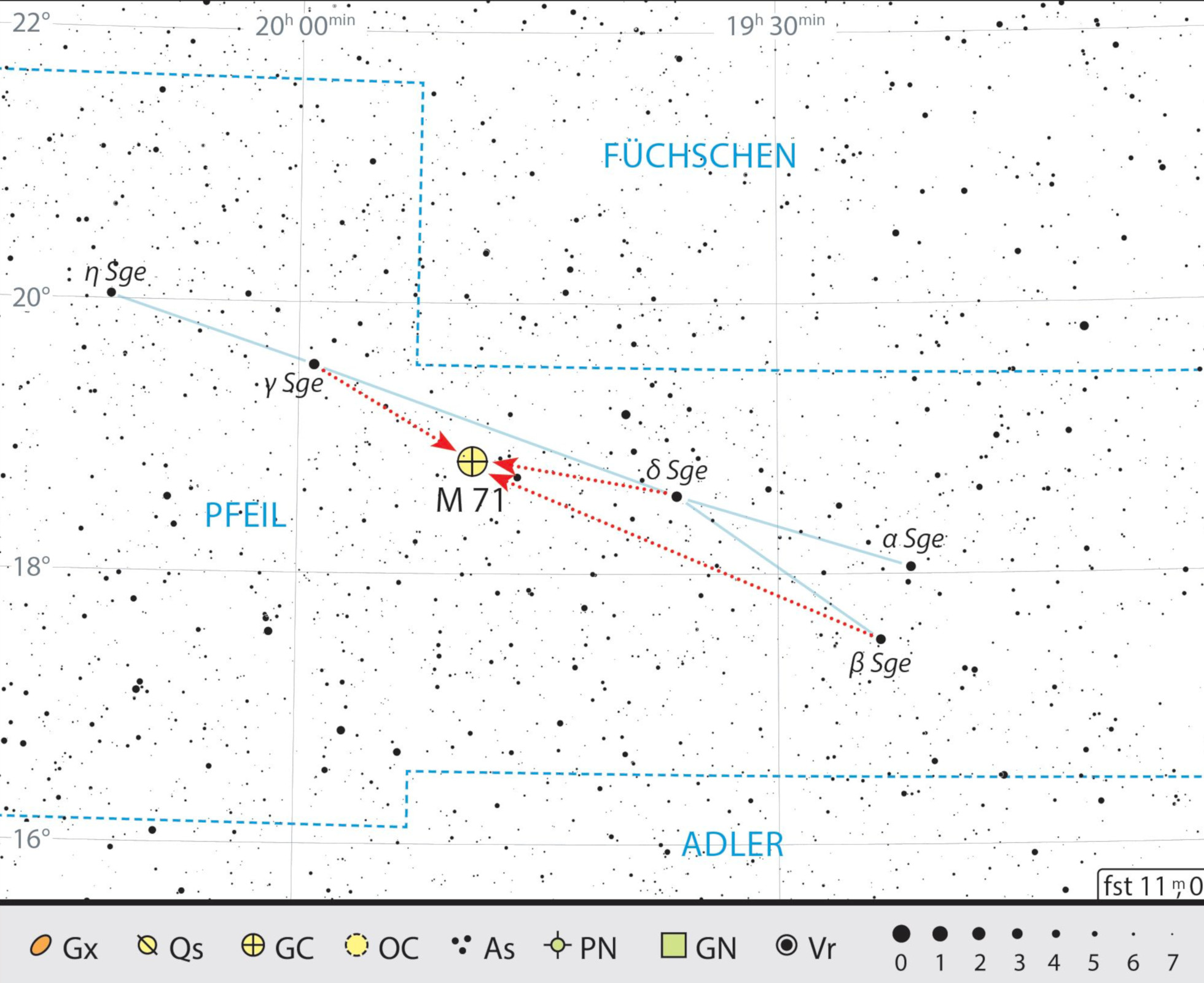 Sökkarta för Messier 71 i stjärnbilden Pilen. J. Scholten