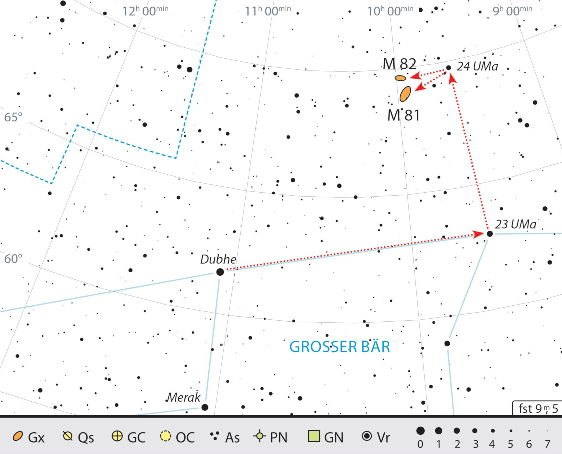 Sökkarta för M 81 och M 82 i Stora björnens stjärnbild. J. Scholten
