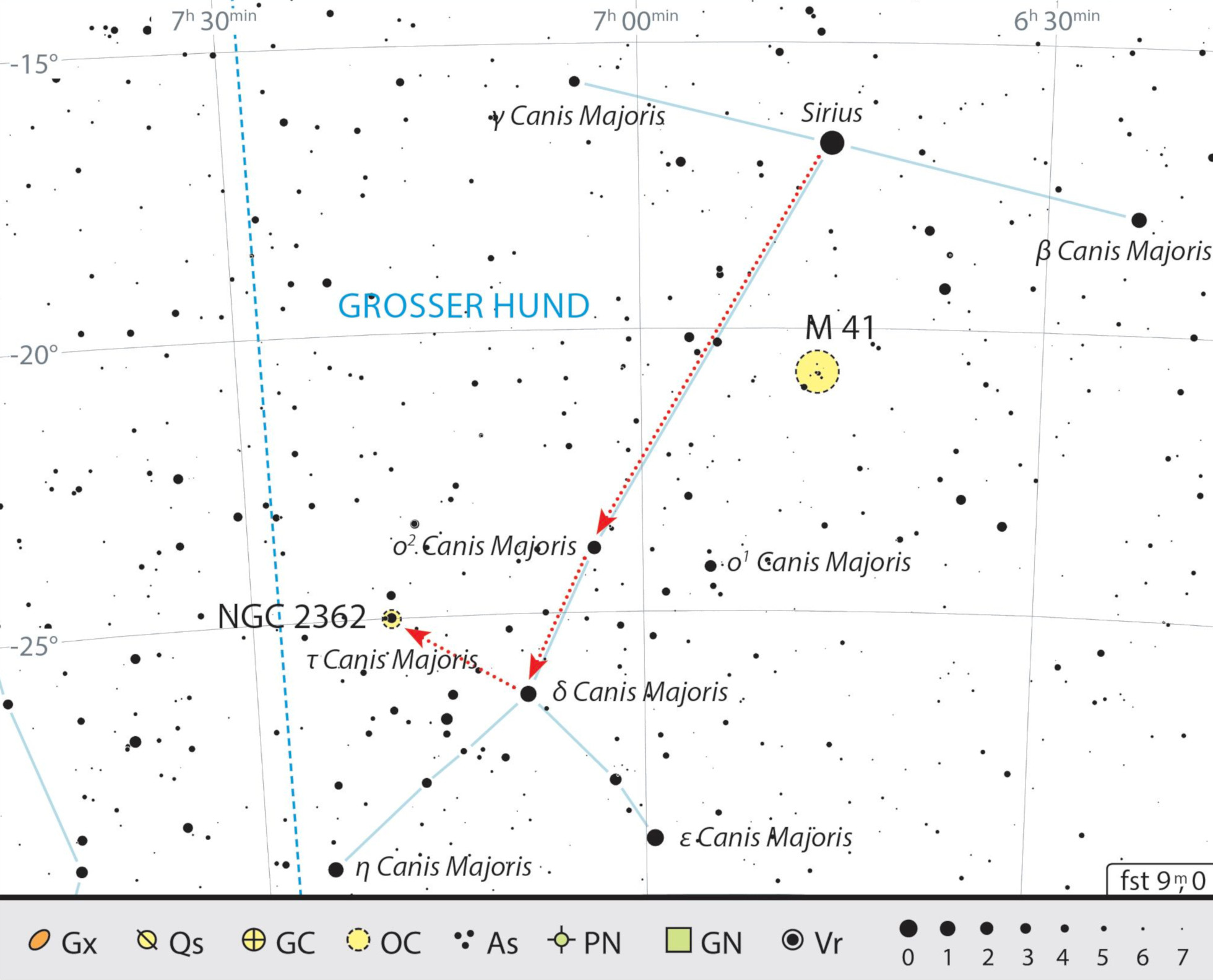 Sökkarta över klustret Tau Canis Majoris i stjärnbilden Stora hunden. J. Scholten