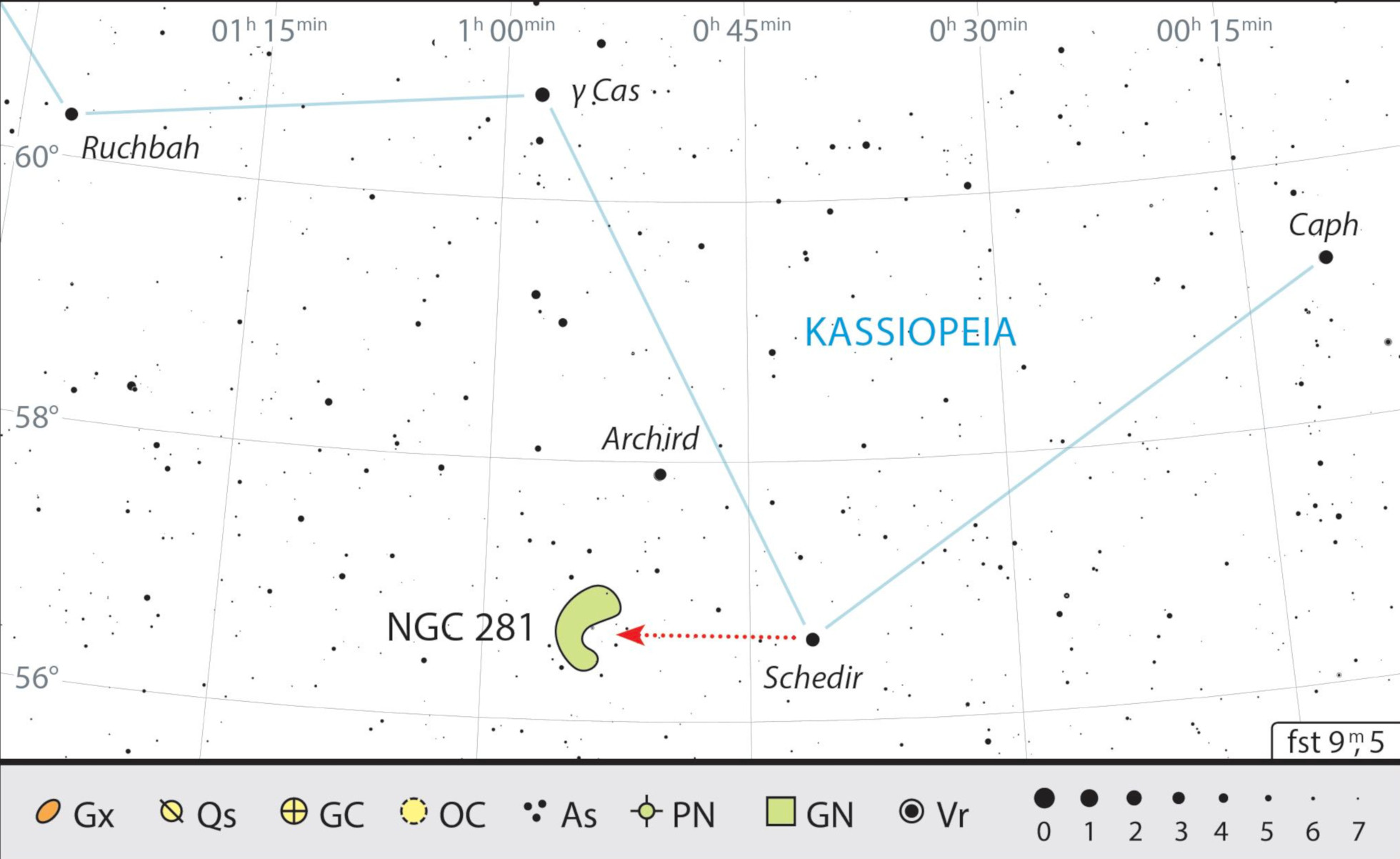 Pacman-nebulosan ligger mycket nära α Cas (Schedir), Cassiopejas huvudstjärna. J. Scholten