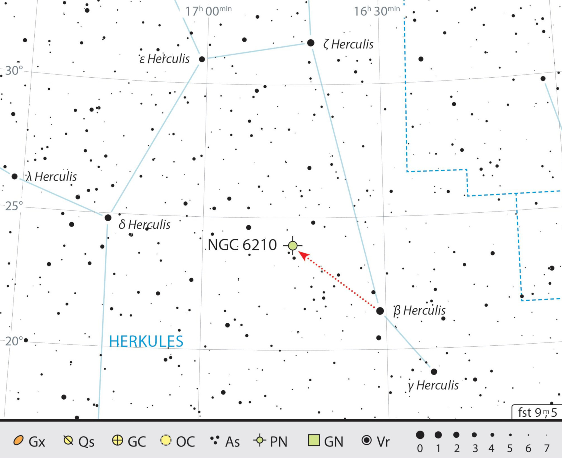 Sökkarta för NGC 6210 i stjärnbilden Herkules. J. Scholten