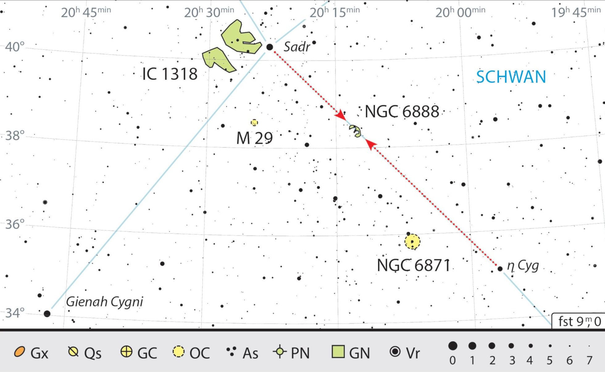 Crescentnebulosan återfinns på ungefär en tredjedel av sträckan mellan Sadr (γ Cyg) och η Cyg. J. Scholten