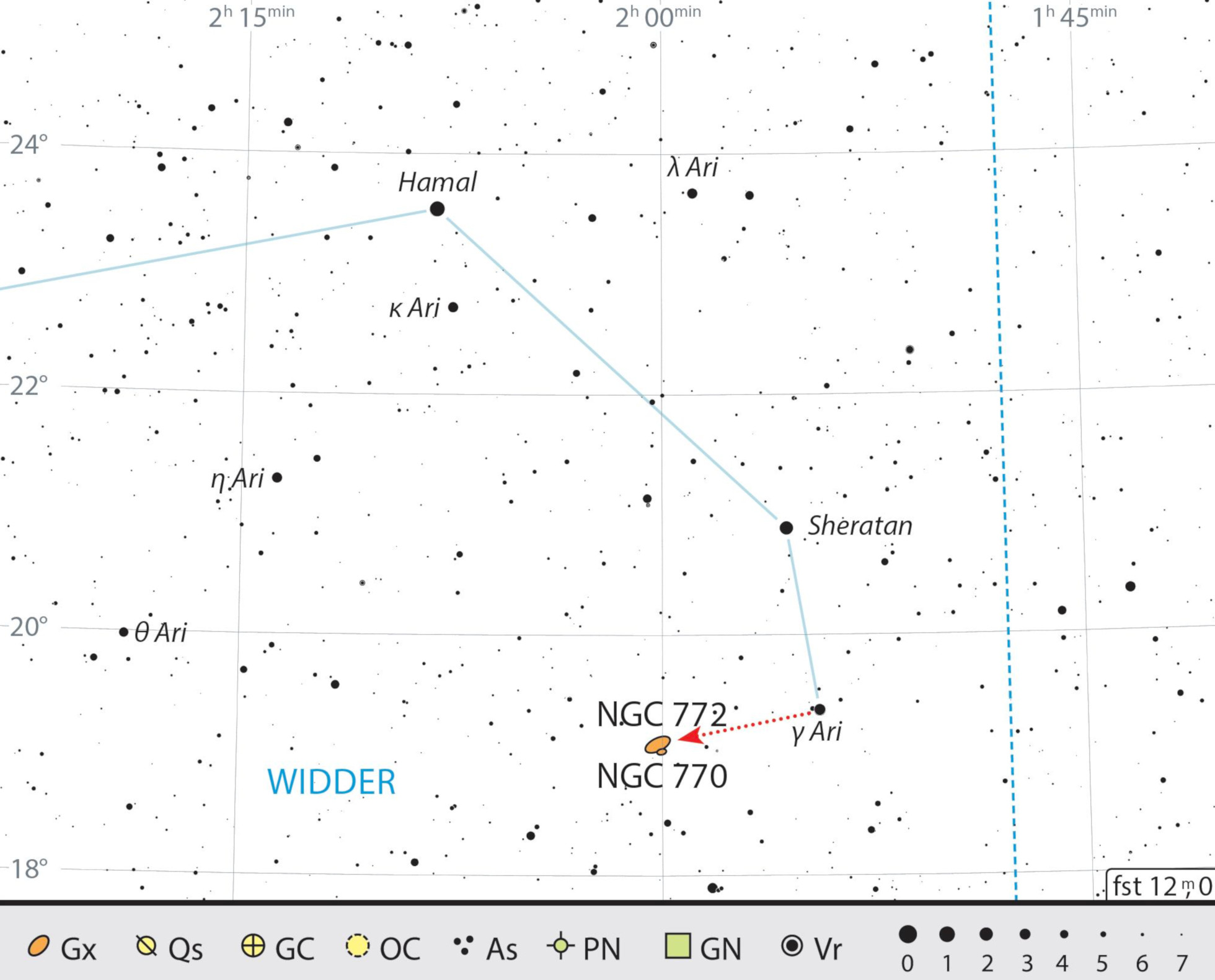 Sökkarta över NGC 772 i konstellationen Väduren. J. Scholten