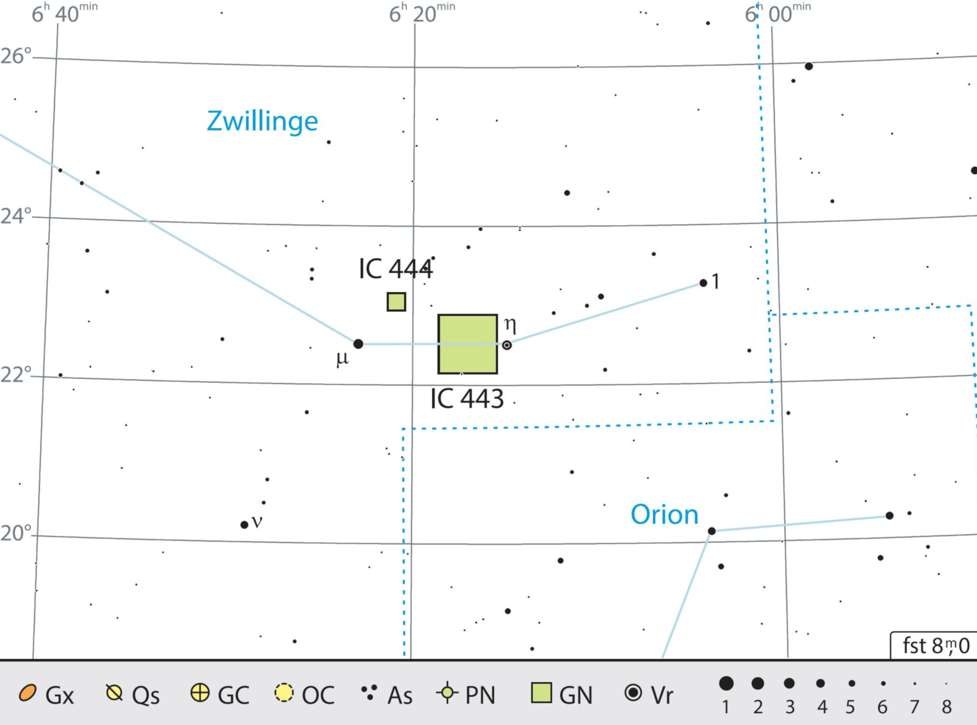 IC 443 är lätt att hitta mellan stjärnorna μ och η i Tvillingarnas stjärnbild. J. Scholten