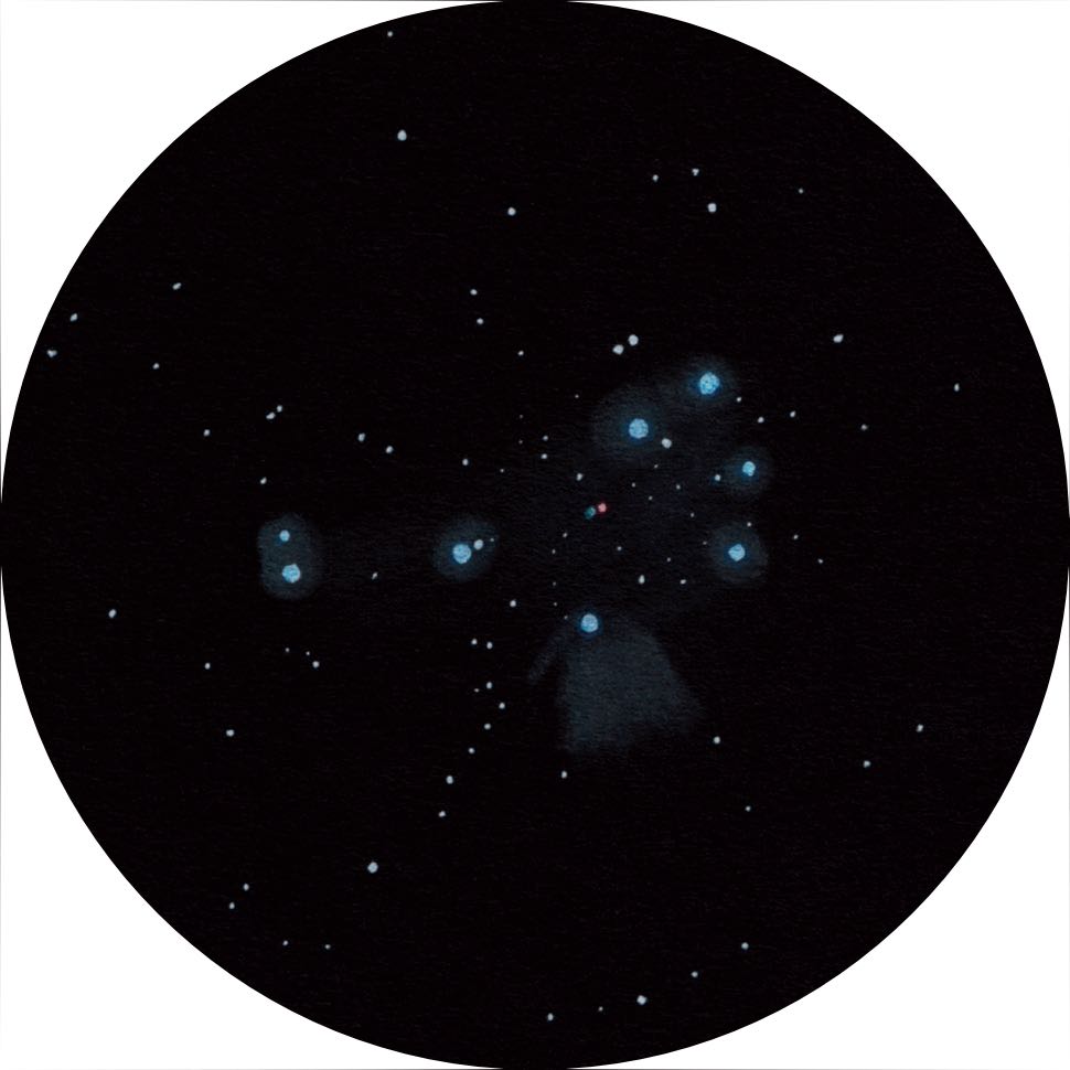 Teckning av Plejaderna med 20×125 kikare. Uwe Glahn