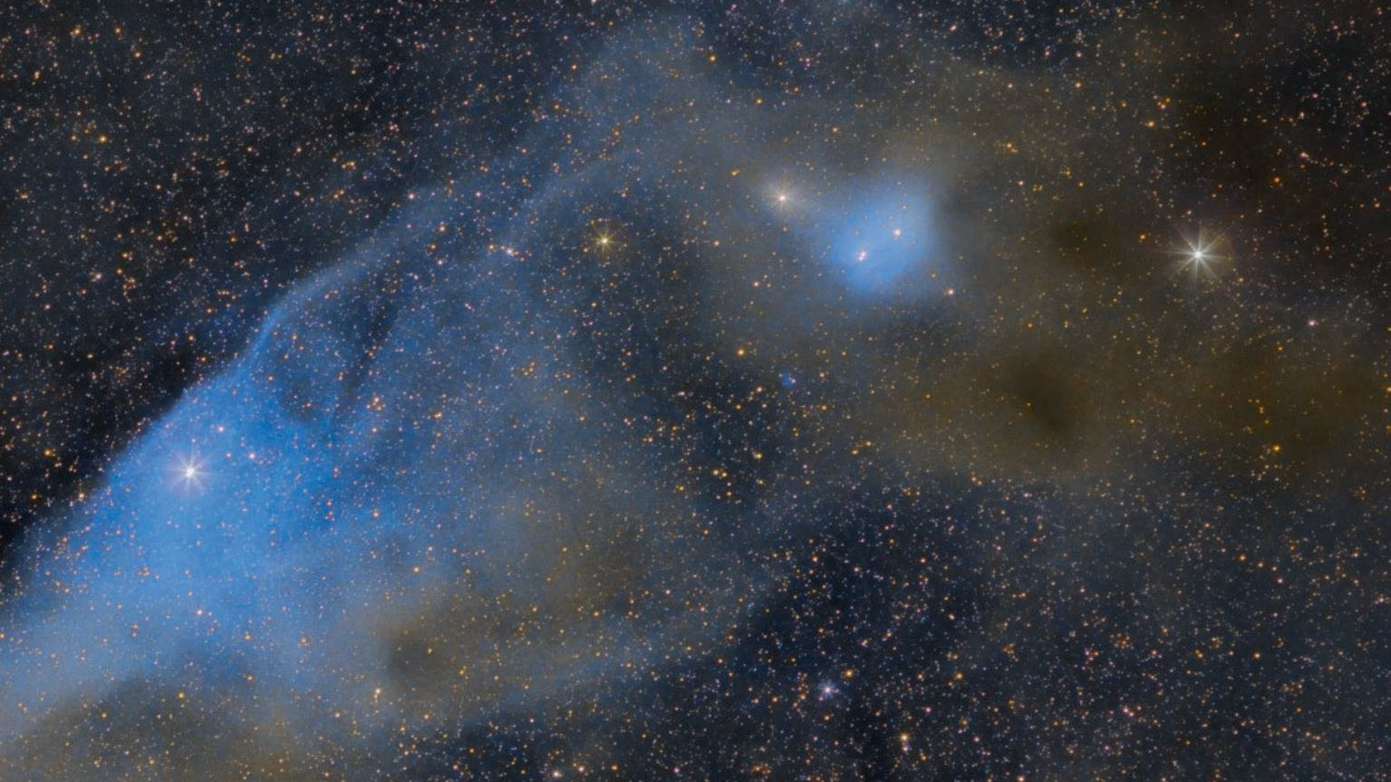 "Den blå hästhuvudnebulosan" IC 4592 i Skorpionen (norra delen ligger nedåt). ν Scorpii befinner sig på huvudets nosrygg och ger den dess blåaktiga färg. Under "öronen" kan man även urskilja den likaledes blåaktiga nebulosan IC 4601. Scott Rosen.