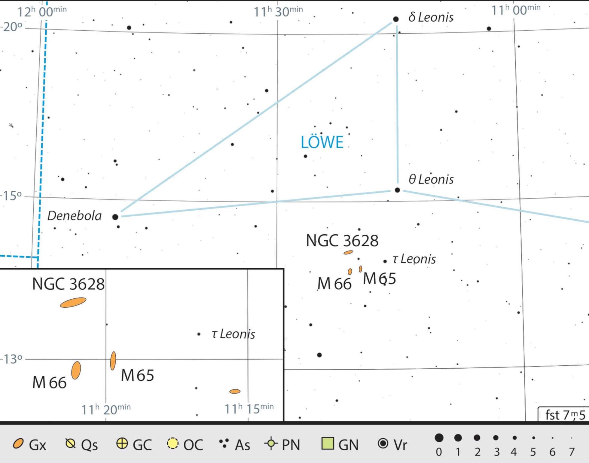 Från τ Leonis är M 65 och M 66 bara några få teleskopsynfält bort. J. Scholten