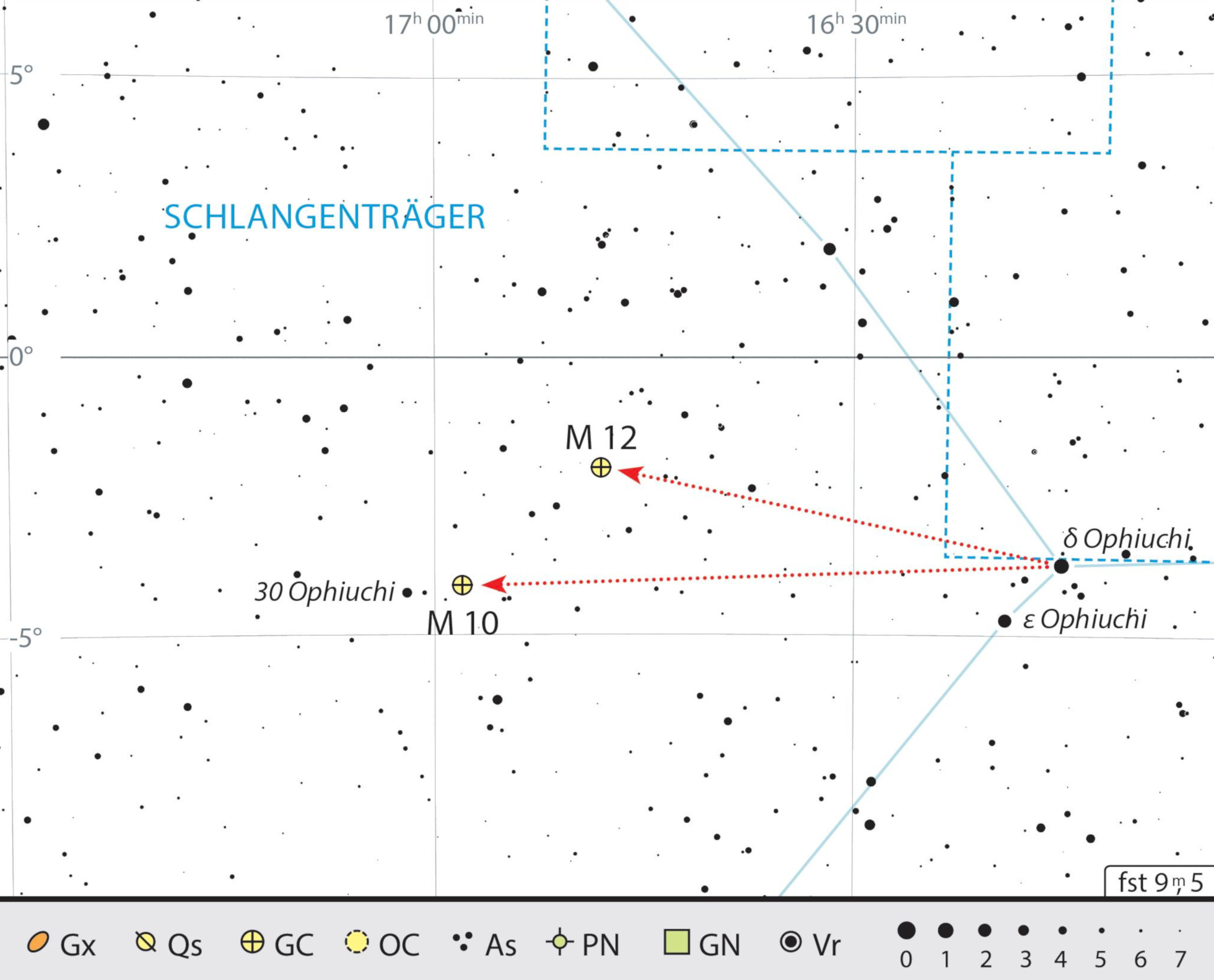 Sökkarta över de två klotformiga stjärnhoparna M 10 och M 12 i stjärnbilden Ormbäraren. J. Scholten