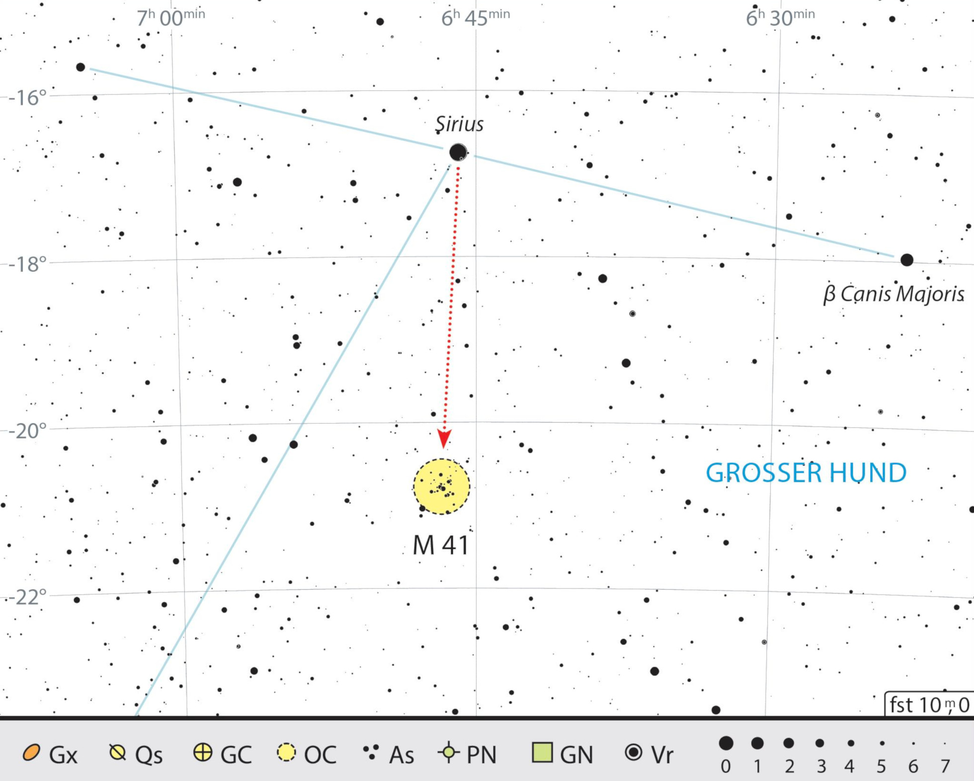 Lokaliseringskarta för Messier 41 i stjärnbilden Stora hunden. J. Scholten