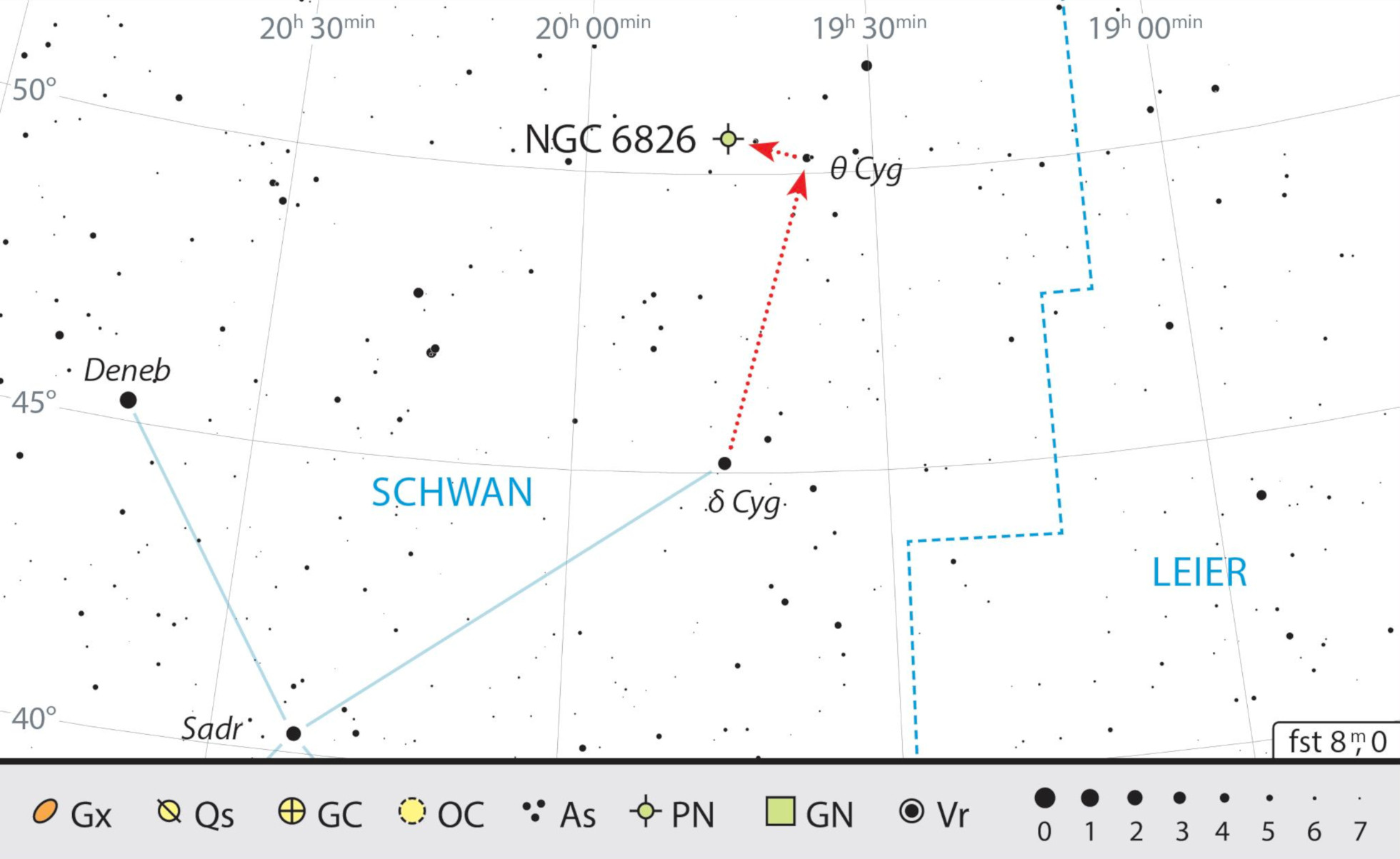 NGC 6826 kan hittas via stjärnorna δ Cygni och θ Cygni. J. Scholten