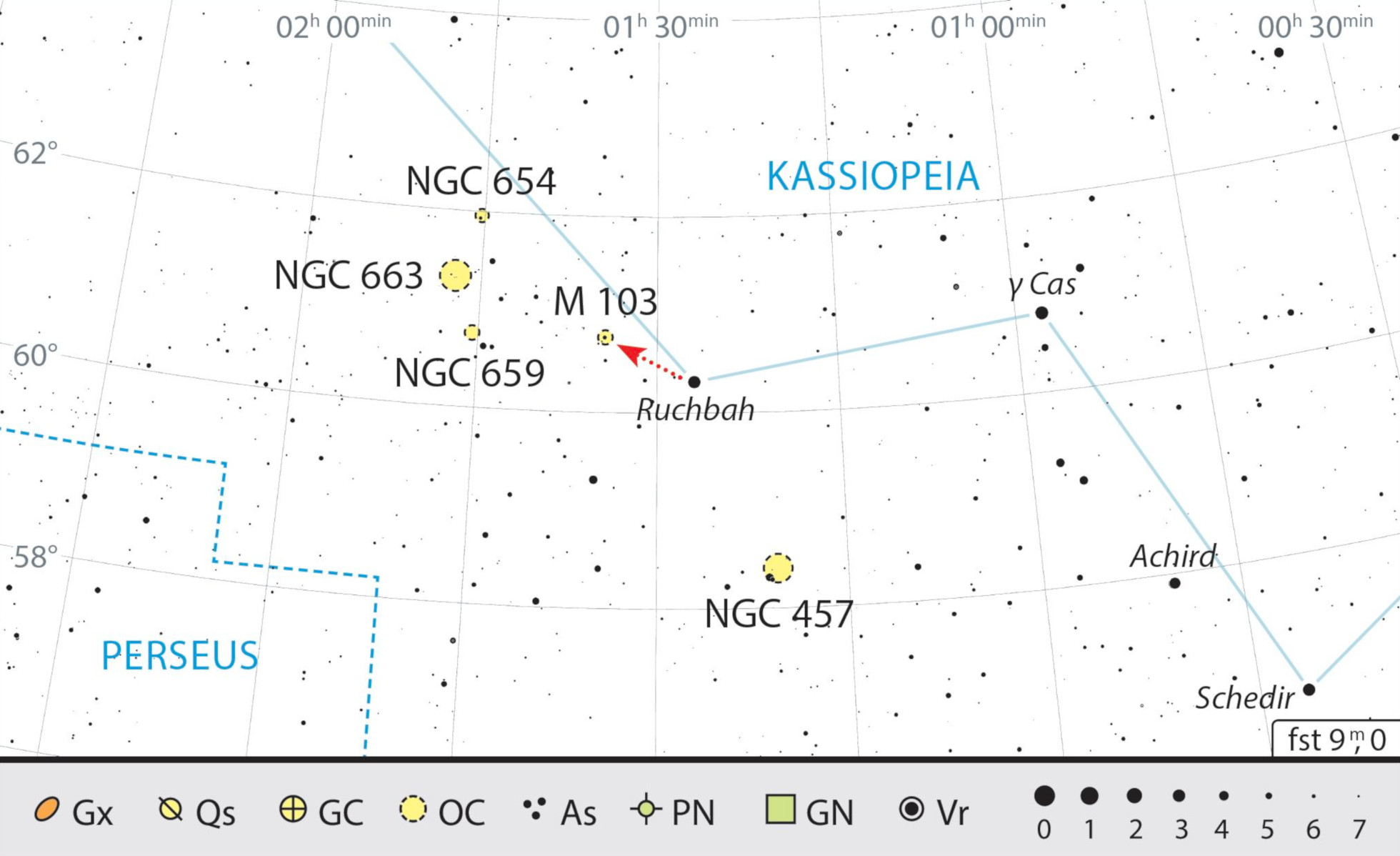 M 103 är lätt att hitta via stjärnan Ruchbah (δ Cas). J. Scholten