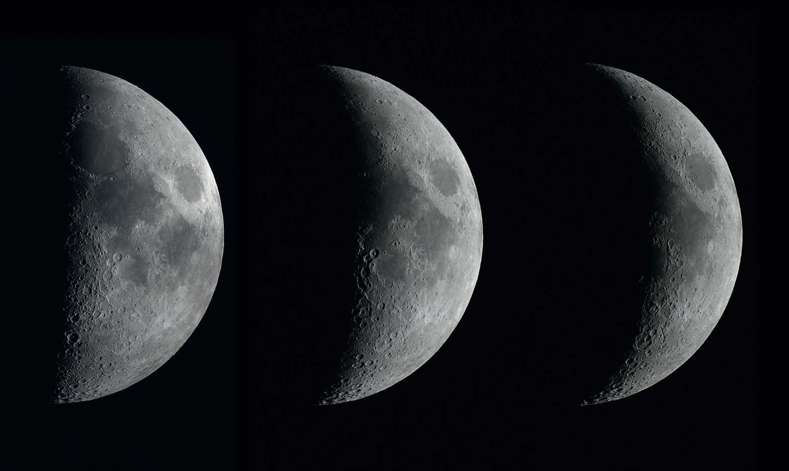 Den tilltagande månens faser under tre på varandra följande nätter. Bilderna togs med en DSLR-kamera av typen Canon 450D ansluten till ett refraktorteleskop med 102 mm öppning och 1 000 mm brännvidd, med ett dygns intervall. U. Dittler