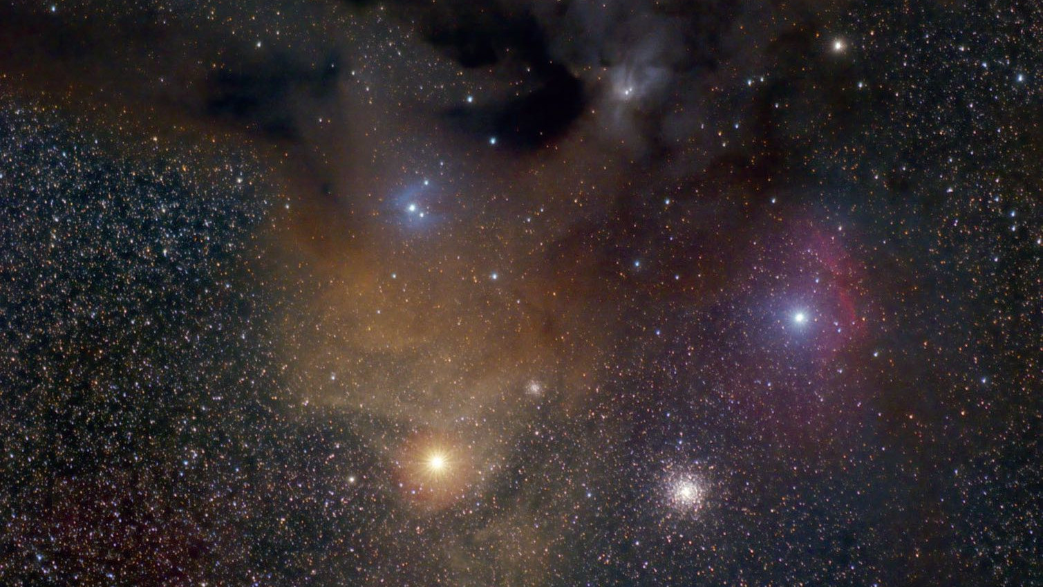 Den färgglada nebulosan Rho Ophiuchi och dess omgivningar: Antares är den klara orangefärgade stjärnan under nebulosan, med den klotformiga hopen M 4 till höger om sig. Jim Thommes