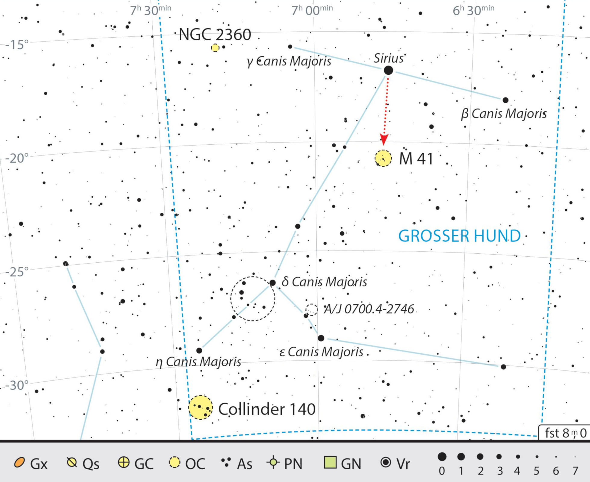 Lokaliseringskarta över objekt för kikare i stjärnbilden Stora hunden. J. Scholten