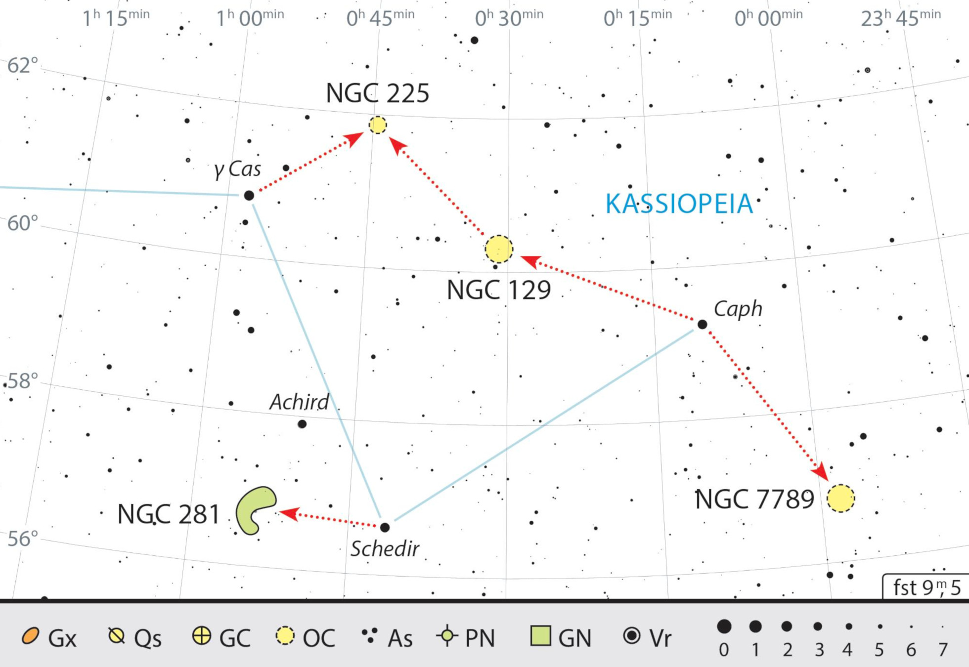 En kedja av stjärnhopar är målet för vår utflykt denna gång. Nebulosan NGC 281 är en särskild utmaning. J. Scholten