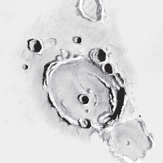Teckning av Posidonius: Det som sticker ut är en bergskedja som löper lätt spiralformigt in i kraterns inre. Serge Vieillard.