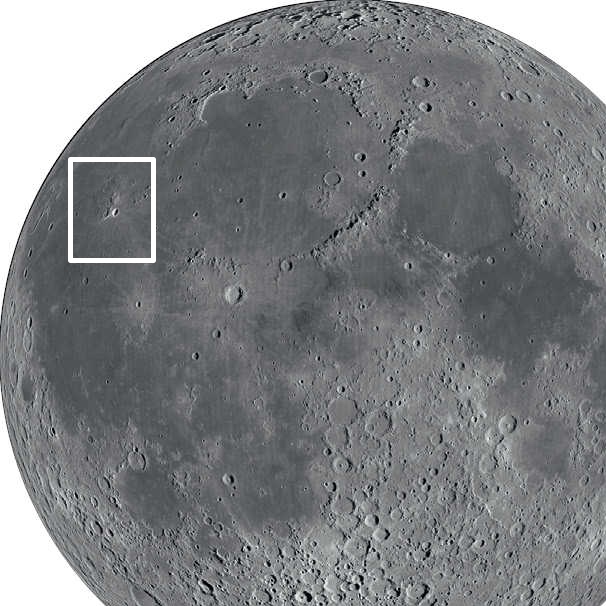 Den ljusa kratern Aristarchus hittar du nära den västra månranden. NASA/GSFC/Arizona State University