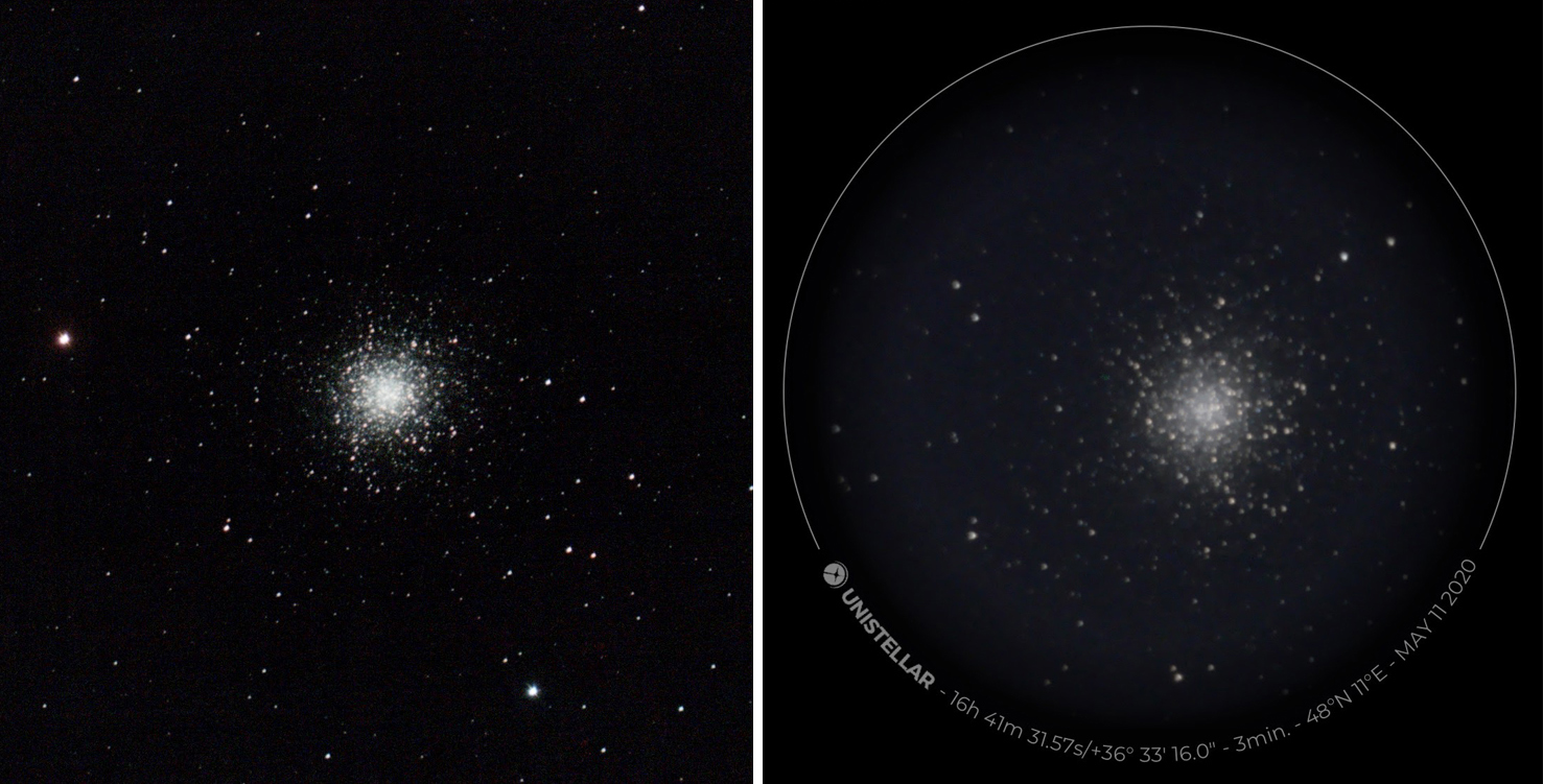 Jämförelse mellan Stellina och eVscope för den klotformiga stjärnhopen M 13. Exponeringstider: Vaonis 25 minuter, Unistellar 3 minuter.
 