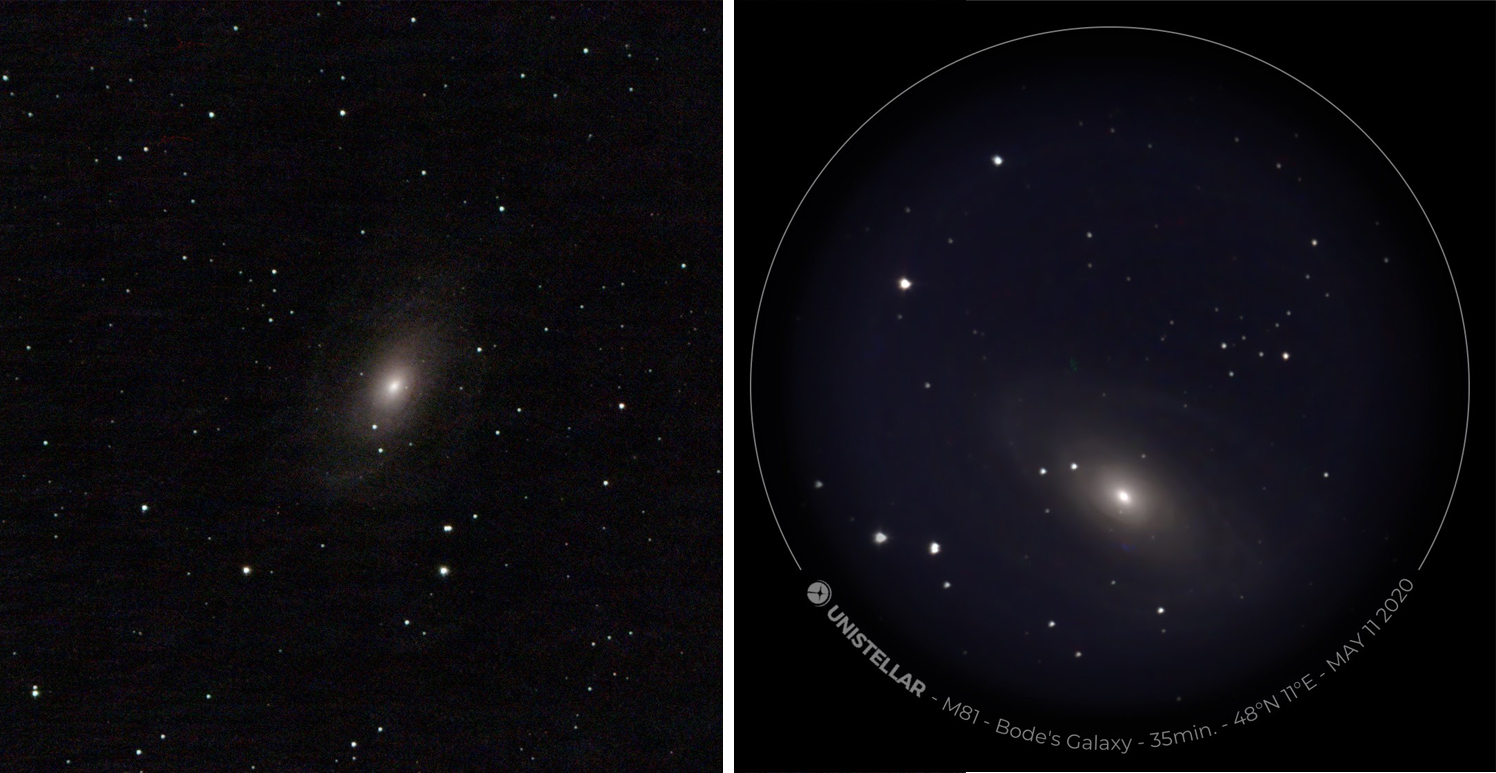 Jämförelse av de två teleskopen för galaxen M 81. Exponeringstider: Vaonis 30 minuter, Unistellar 35 minuter.