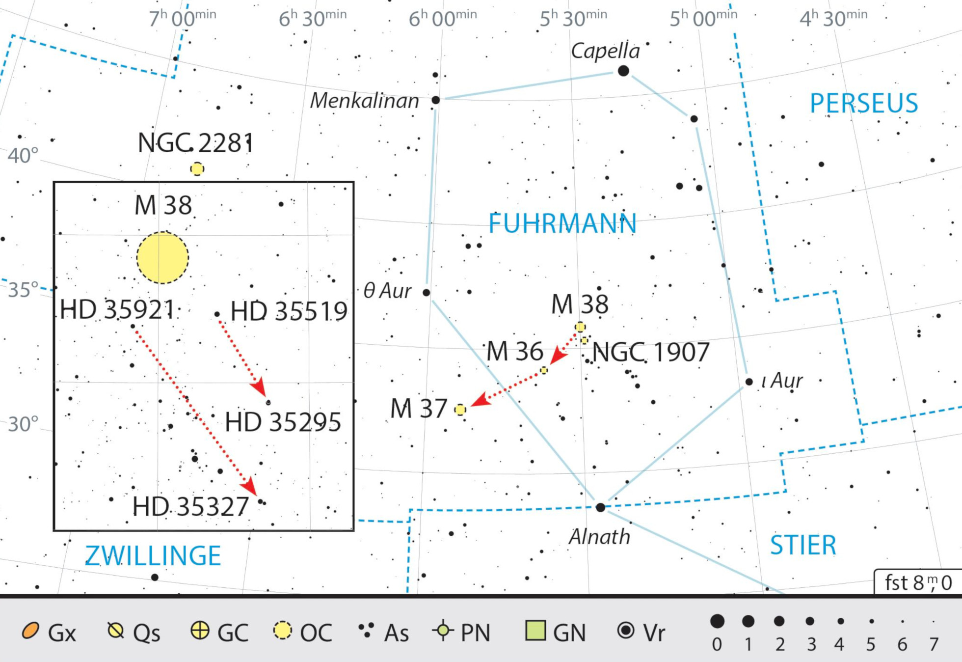 Översiktskarta över stjärnbilden Auriga med rekommendationer för observationer. J. Scholten