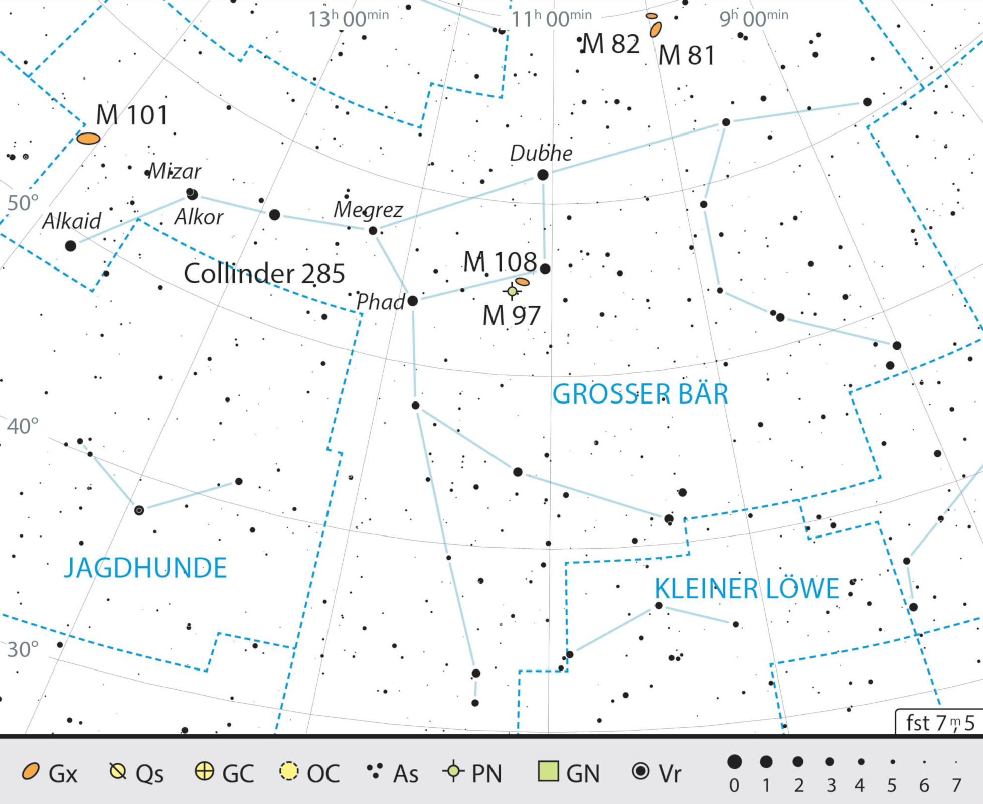 Översiktskarta över stjärnbilden Stora björnen med rekommendationer för observation. J. Scholten