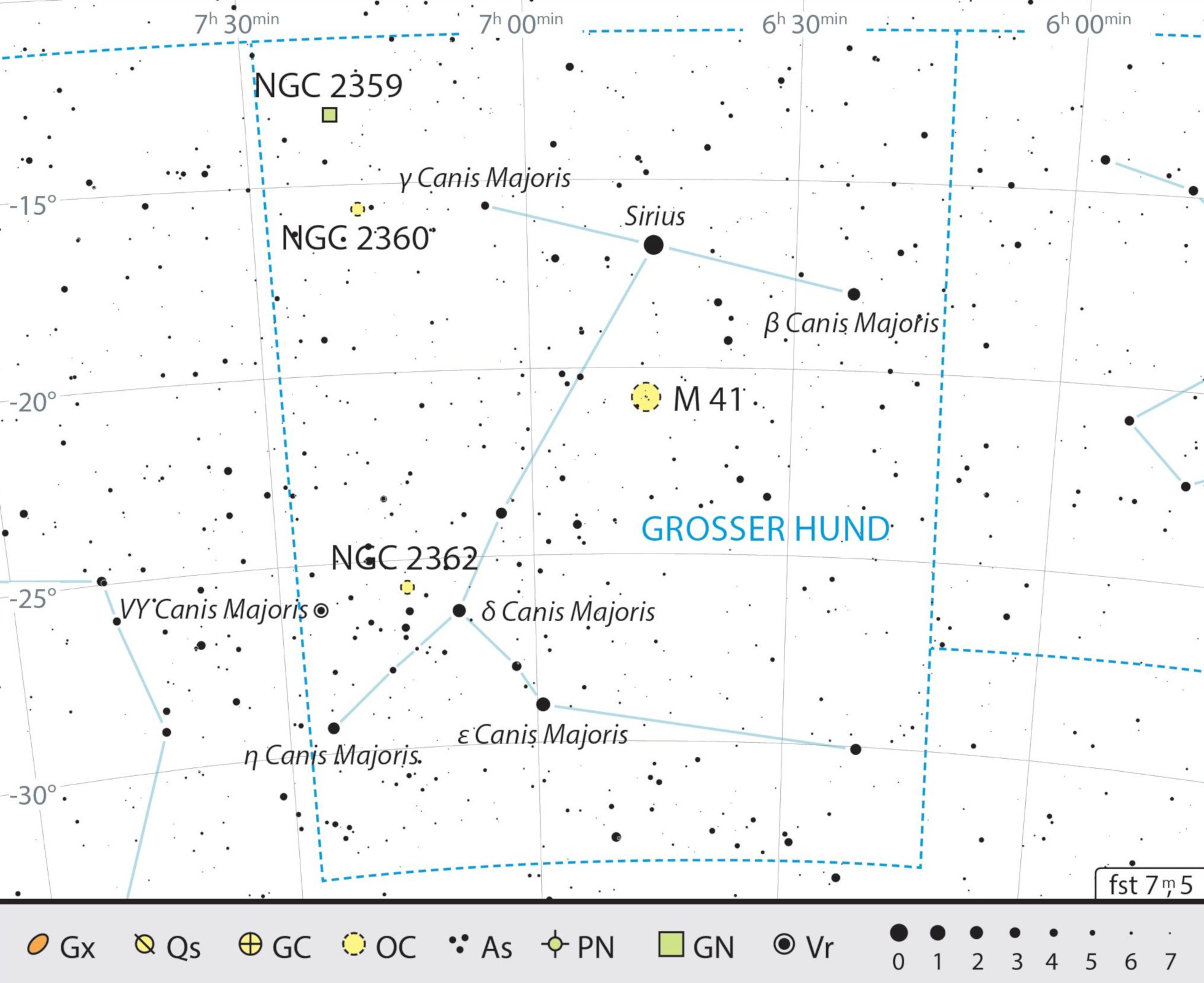 Översiktskarta över Stora hundens stjärnbild med rekommendationer för observationer. J. Scholten