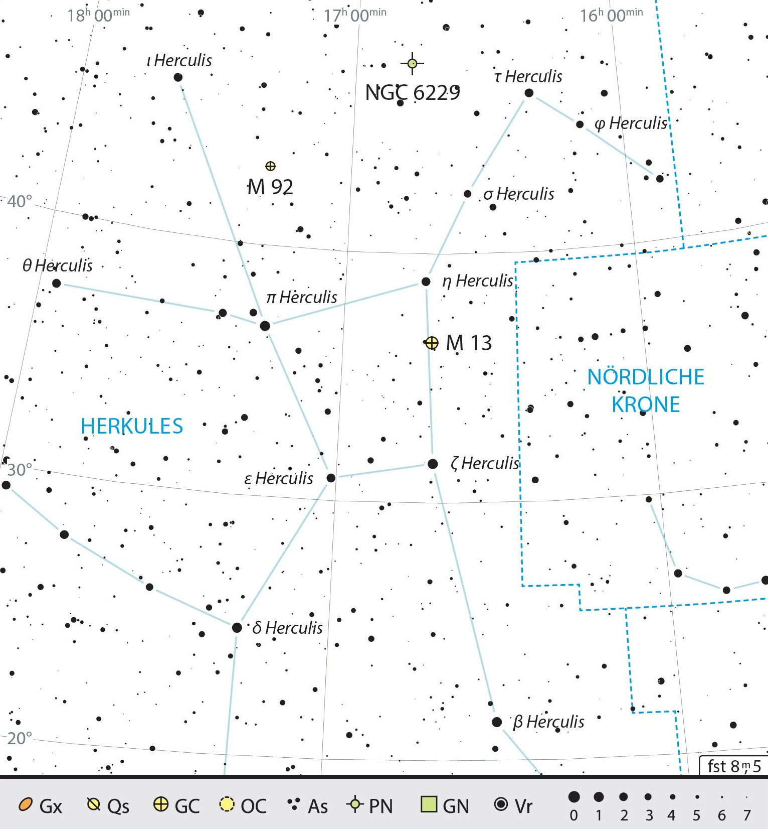 Översiktskarta över stjärnbilden Herkules med rekommendationer för observationer. J. Scholten