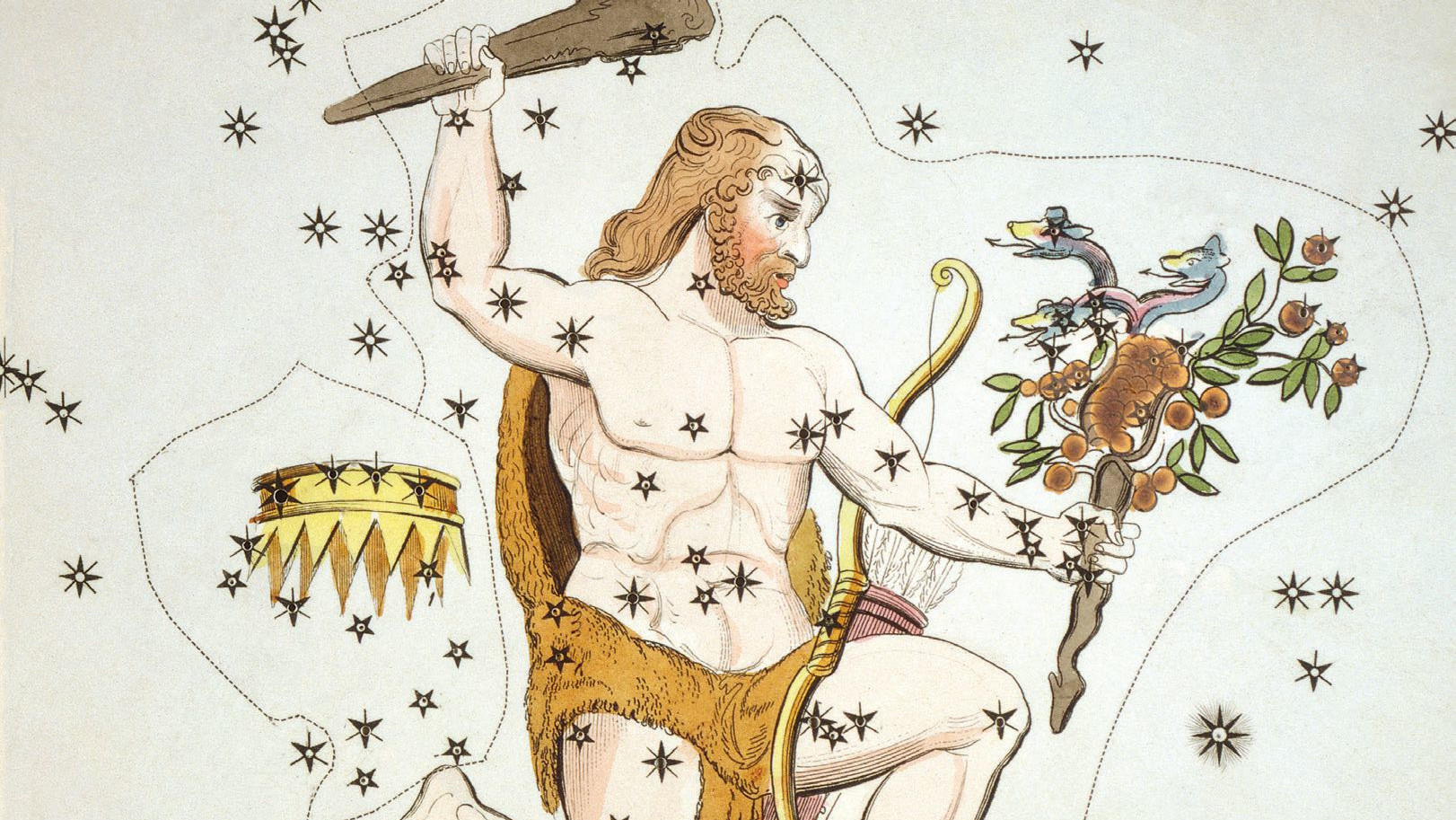 På historiska illustrationer avbildas Herkules komplett med en klubba i handen, lejonskinnet och de stulna gyllene äpplena. 
