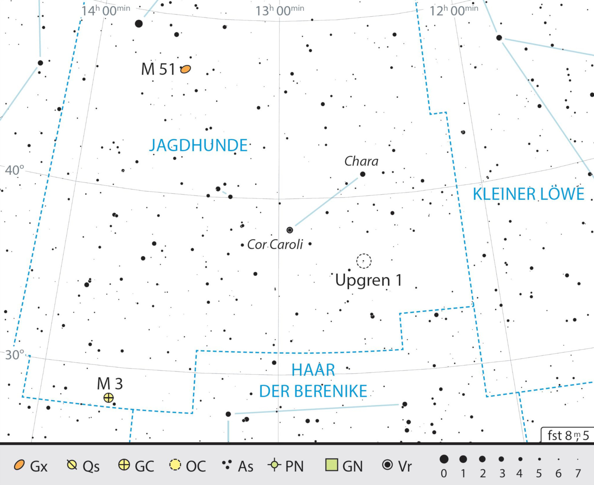 Översiktskarta över stjärnbilden Jakthundarna med observationsrekommendationer. J. Scholten