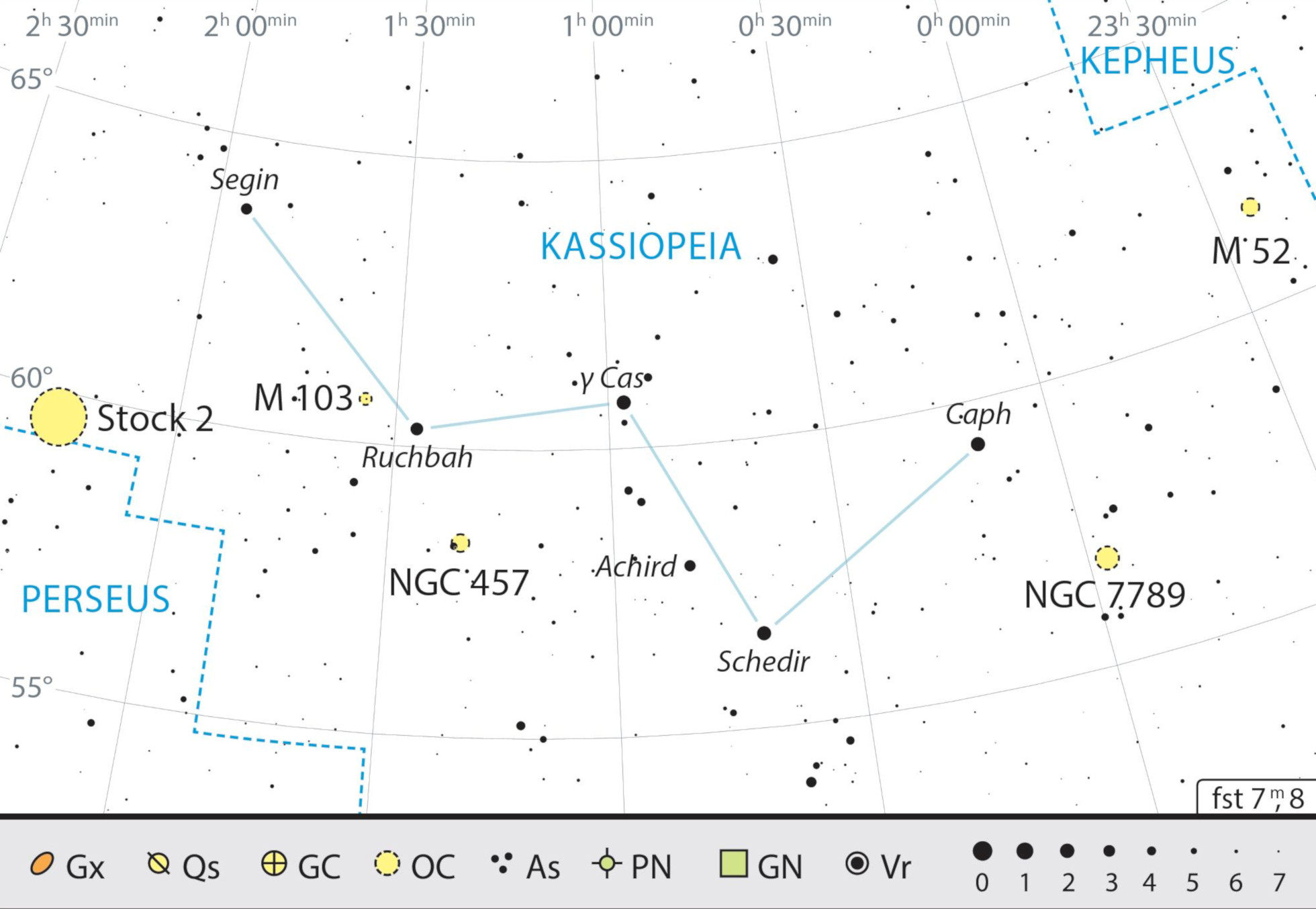 Översiktskarta över stjärnbilden Cassiopeja med rekommendationer för observationer. J. Scholten