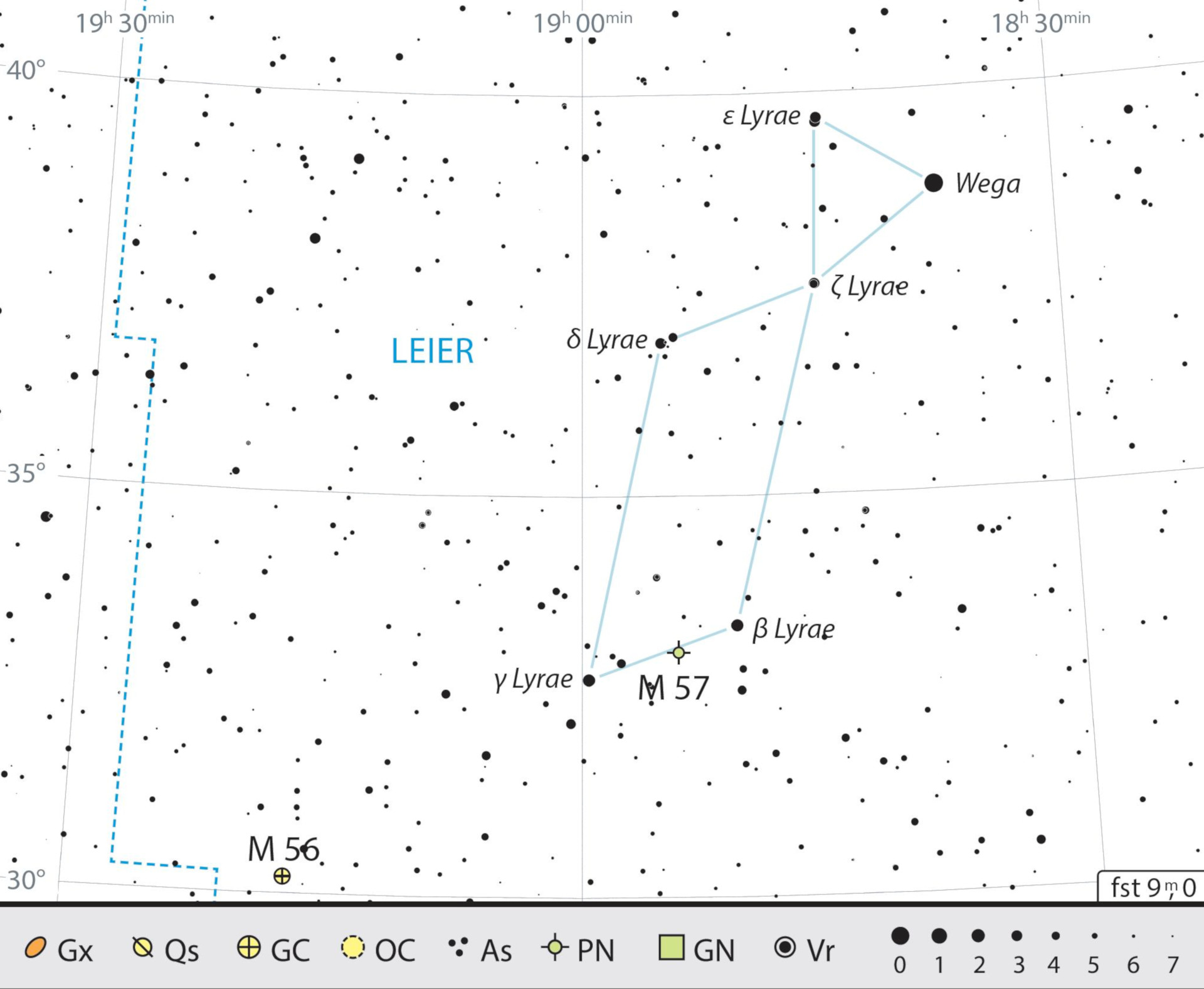 Översiktskarta över stjärnbilden Lyran med rekommendationer för observationer. J. Scholten