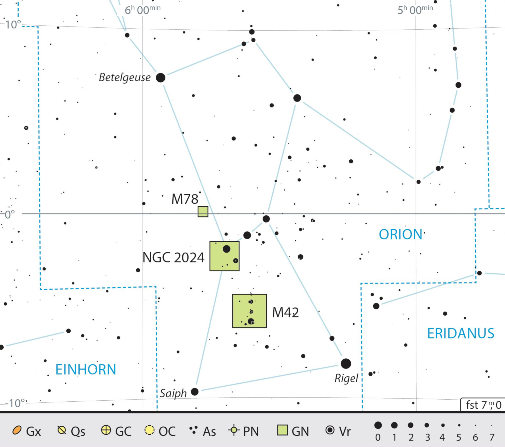 Översiktskarta över Orions stjärnbild med rekommendationer för observationer. J. Scholten