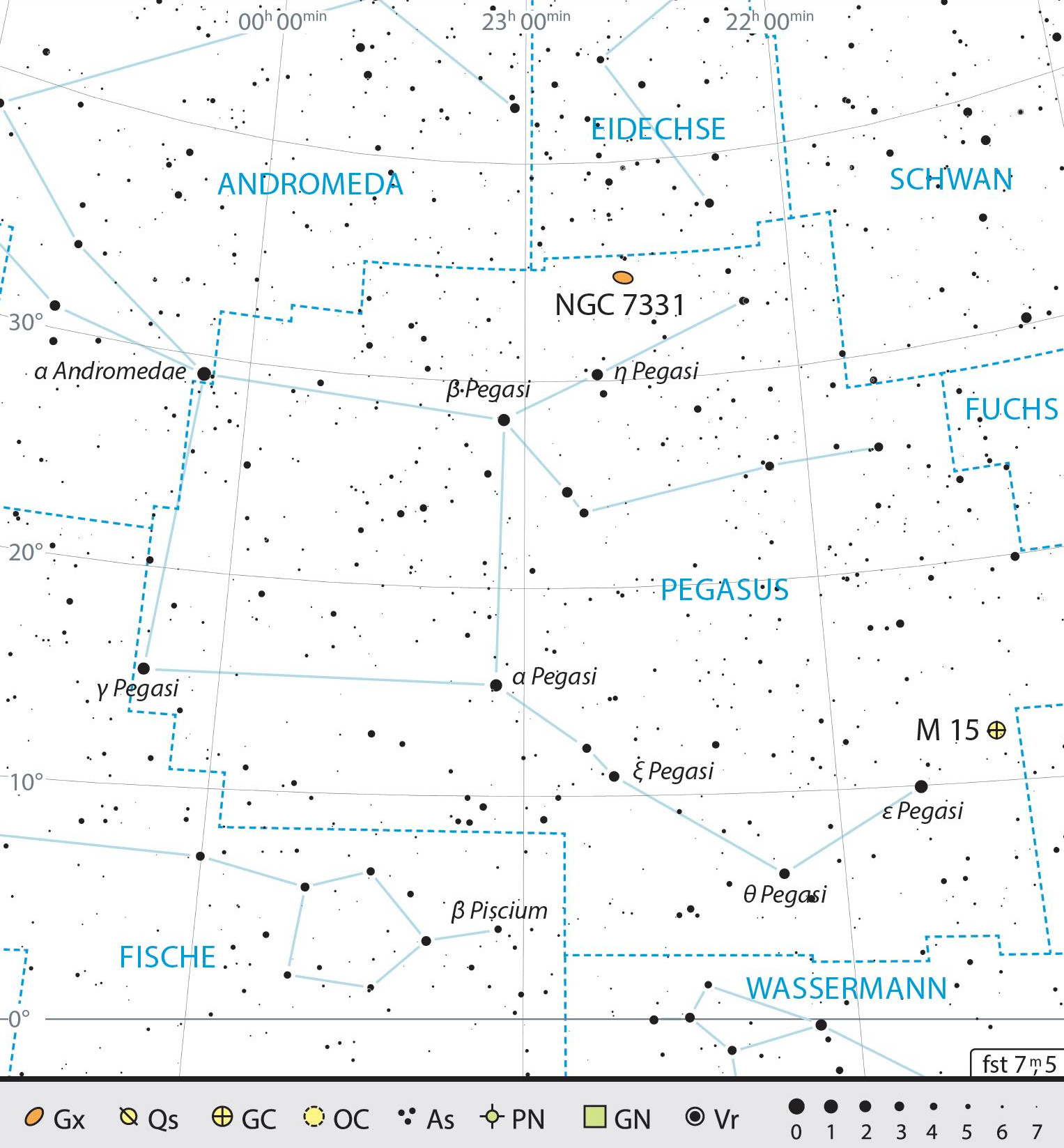 Översiktskarta över stjärnbilden Pegasus med rekommendationer för observationer. J. Scholten