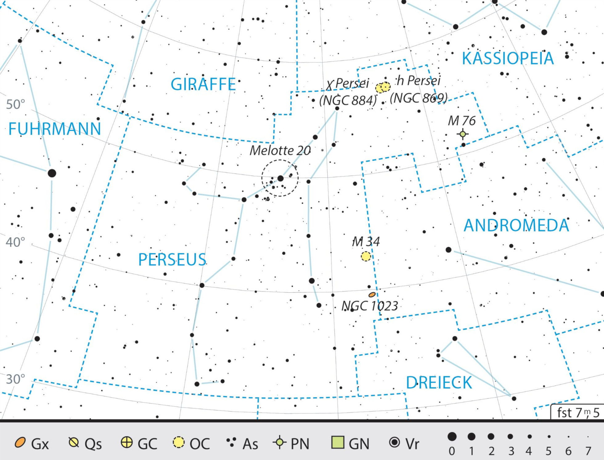 Översiktskarta över stjärnbilden Perseus med rekommendationer för observationer. J. Scholten