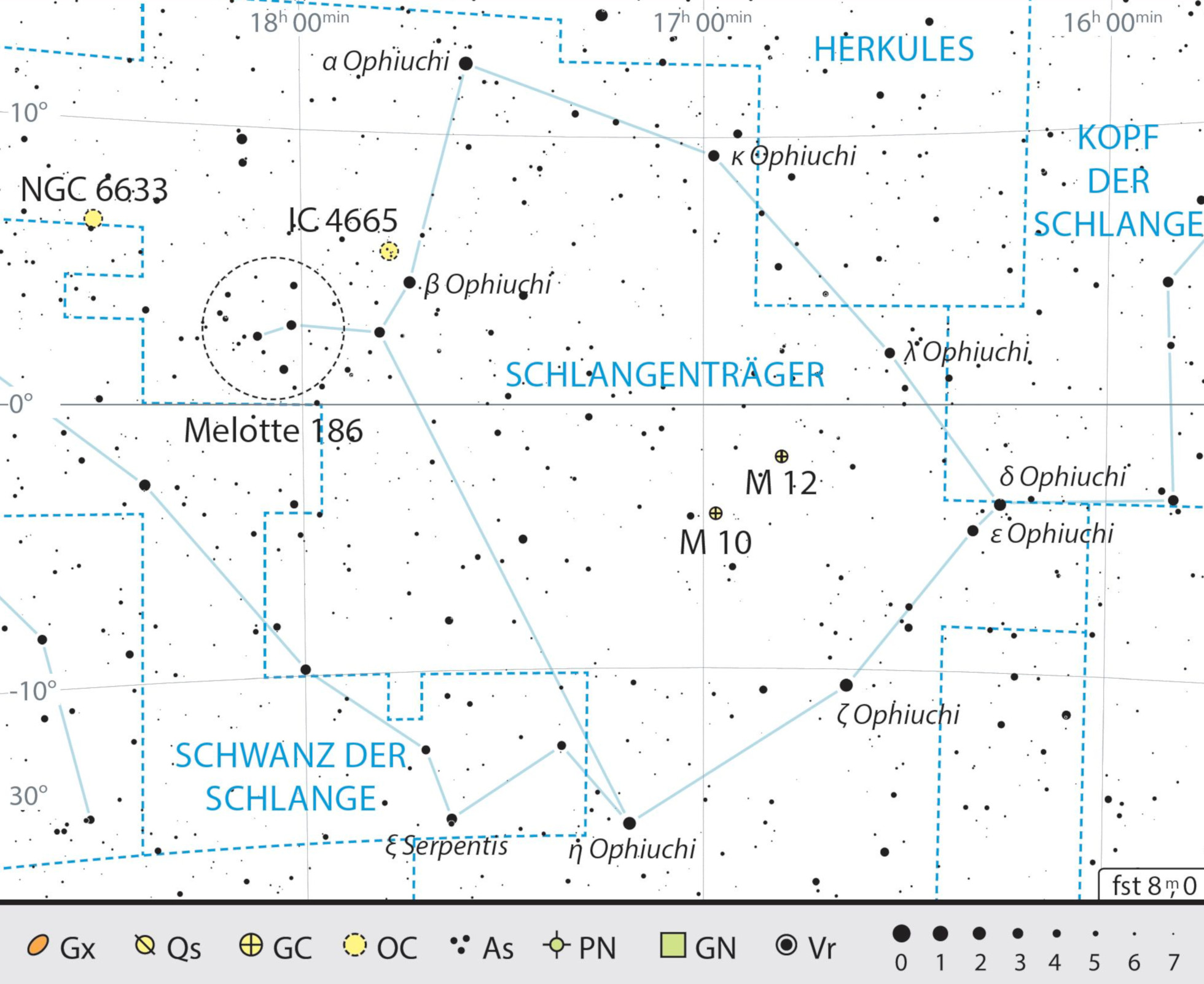 Översiktskarta över Ormbärarens stjärnbild med rekommendationer för observationer. J. Scholten