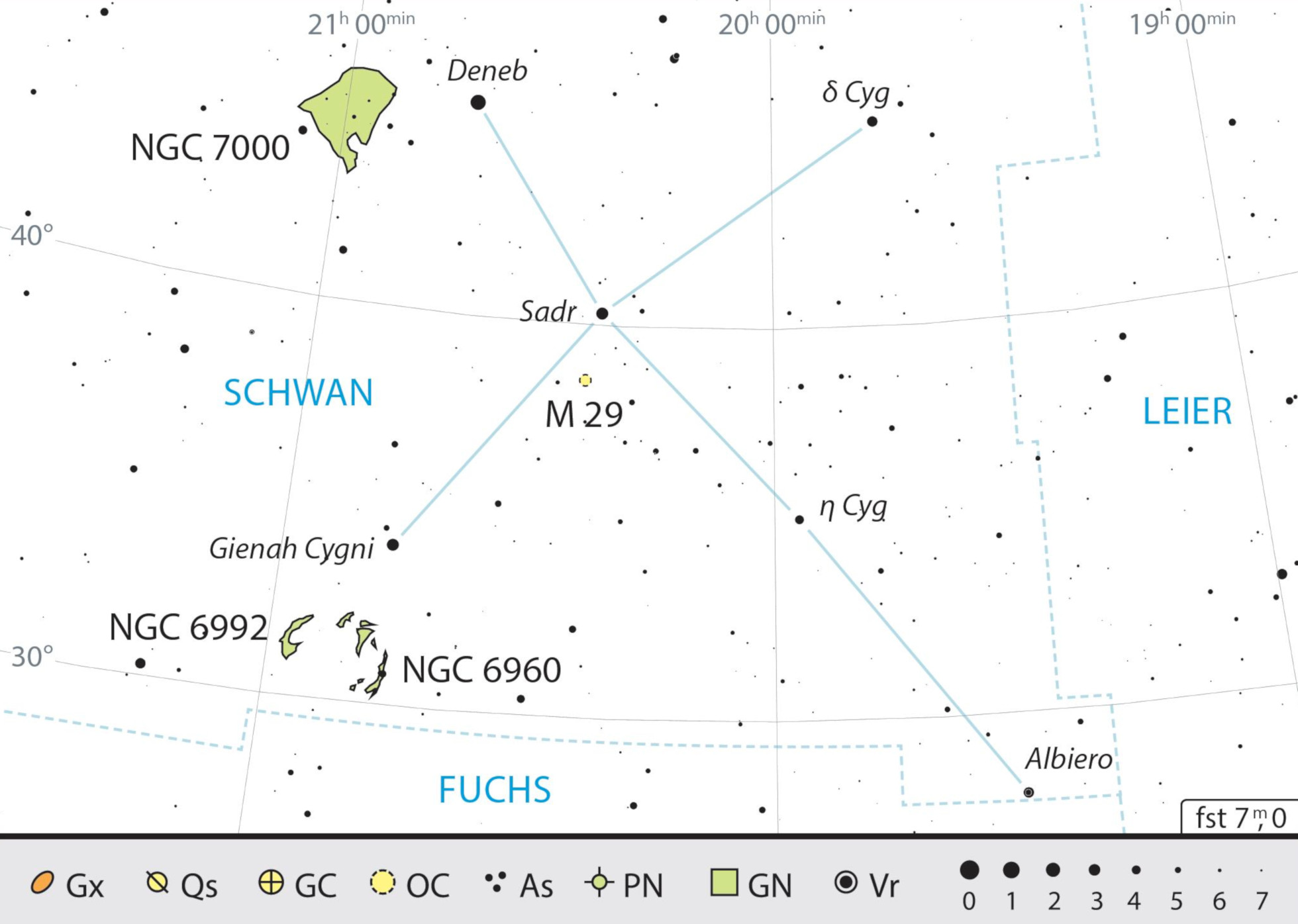 Översiktskarta över stjärnbilden Svanen med rekommendationer för observationer. J.Scholten