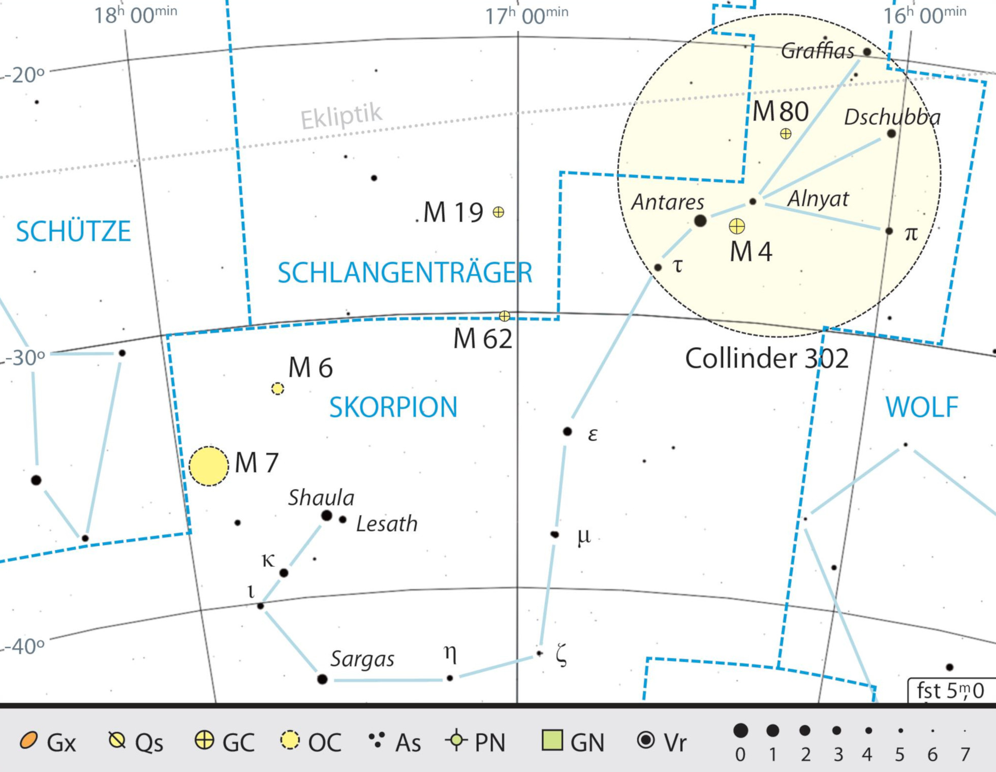 Översiktskarta över stjärnbilden Skorpionen med rekommendationer för observation, Antares rörelsekluster är inringad i rött. Kai v. Schauroth.