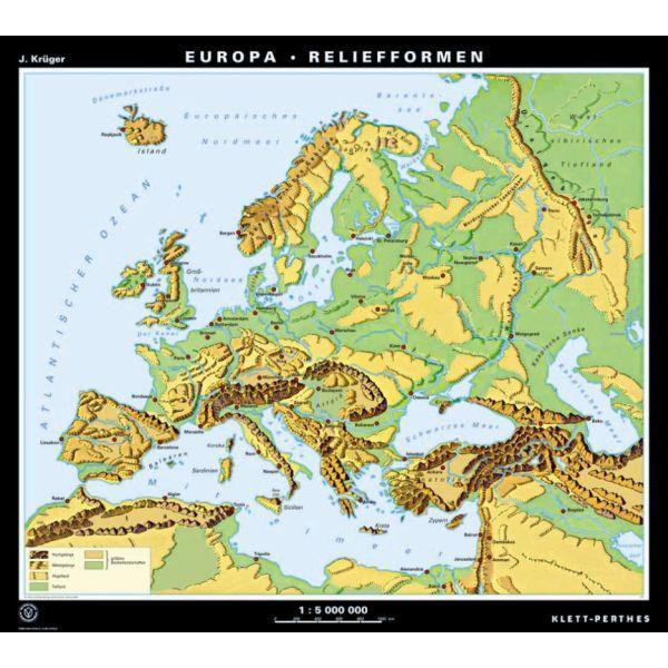 Klett-Perthes Verlag Kontinentkarta Europa relief / landskapsformer (P) 2-sida