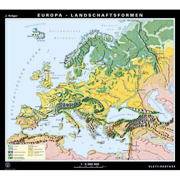 Klett-Perthes Verlag Kontinentkarta Europa relief / landskapsformer (P) 2-sida