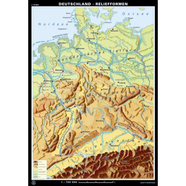 Klett-Perthes Verlag Karta Tyskland relief / landskapsformer (ABW) 2-sidig