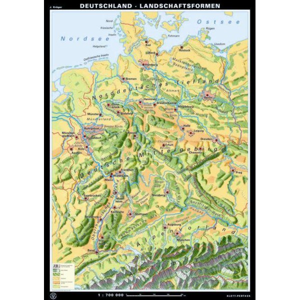 Klett-Perthes Verlag Karta Tyskland relief / landskapsformer (ABW) 2-sidig