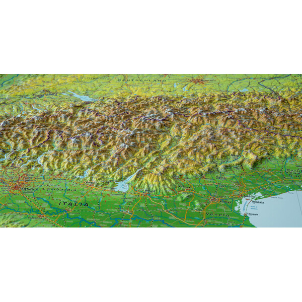 Georelief Regionkarta Alpin båge (77x57) 3D reliefkarta med träram