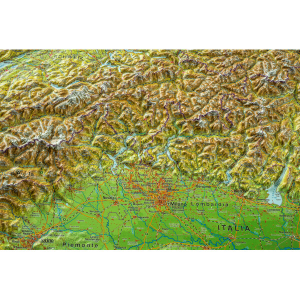 Georelief Regionkarta Alpin båge (77x57) 3D reliefkarta med träram