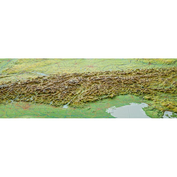 Georelief Regionkarta Alpin båge (77x57) 3D reliefkarta med träram