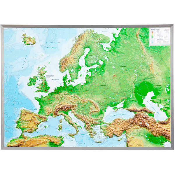 Georelief Kontinentkarta Europa (77x57) 3D-reliefkarta med aluminiumram