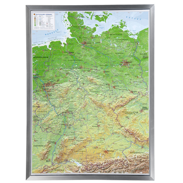 Georelief Tyskland (77x57) 3D-reliefkarta med aluminiumram