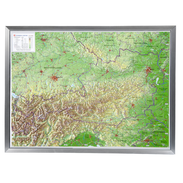Georelief Österrike (77x57) 3D-reliefkarta med aluminiumram