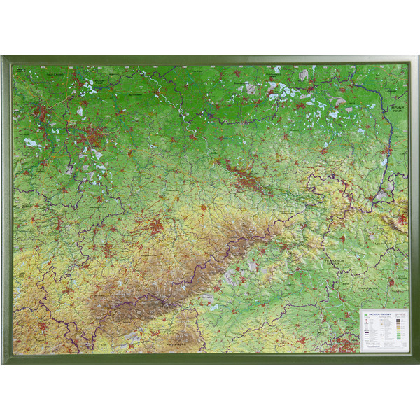 Georelief Regionkarta Sachsen stor, 3D-reliefkarta med träram